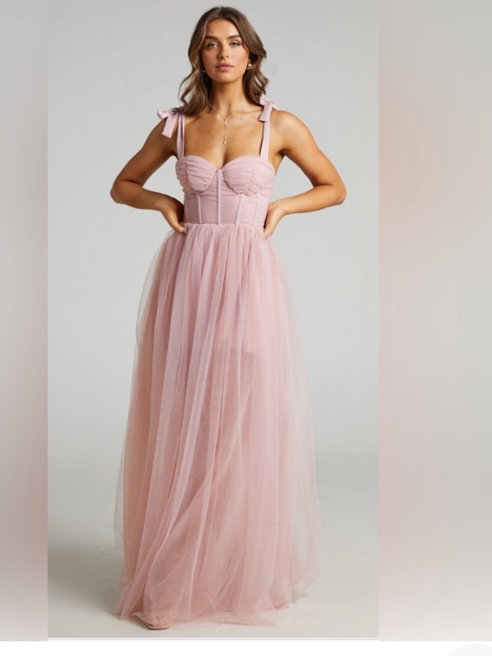 Showpo. EMMARY GOWN - BUSTIER BODICE TULLE GOWN IN PINK NWT